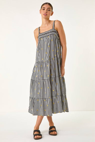 Roman Black Gingham Embroidered Midi Dress