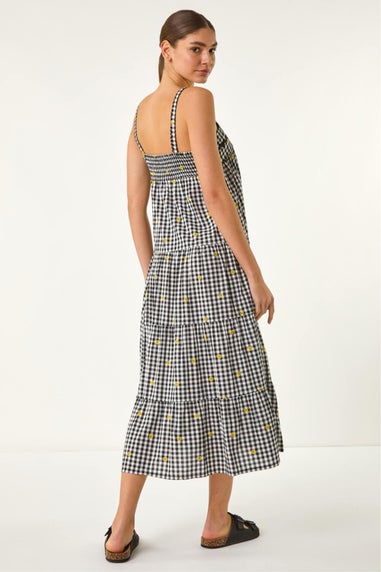 Roman Black Gingham Embroidered Midi Dress