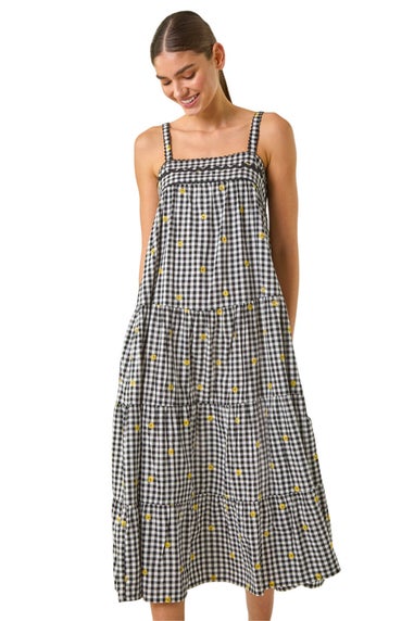 Roman Black Gingham Embroidered Midi Dress