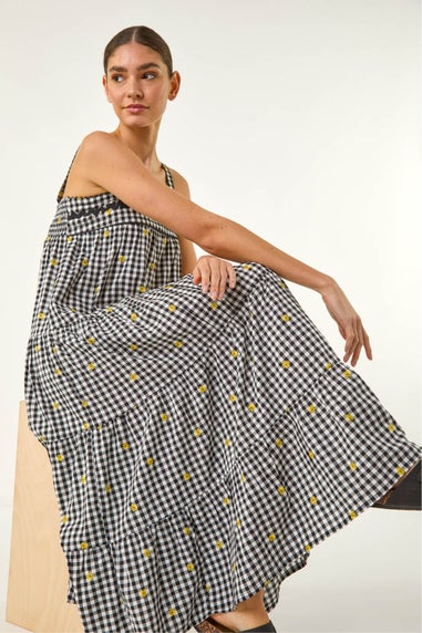 Roman Black Gingham Embroidered Midi Dress