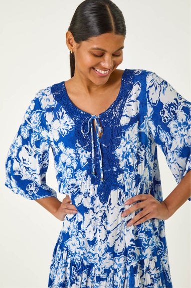 Roman Blue Shadow Floral Lace Smock Dress