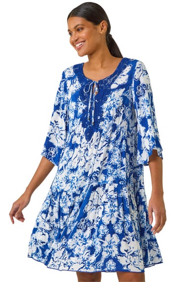 Roman Blue Shadow Floral Lace Smock Dress