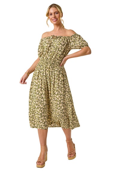 Roman Khaki Petite Ditsy Print Bardot Midi Dress