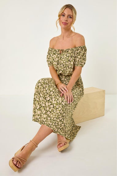 Roman Khaki Petite Ditsy Print Bardot Midi Dress