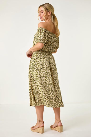 Roman Khaki Petite Ditsy Print Bardot Midi Dress