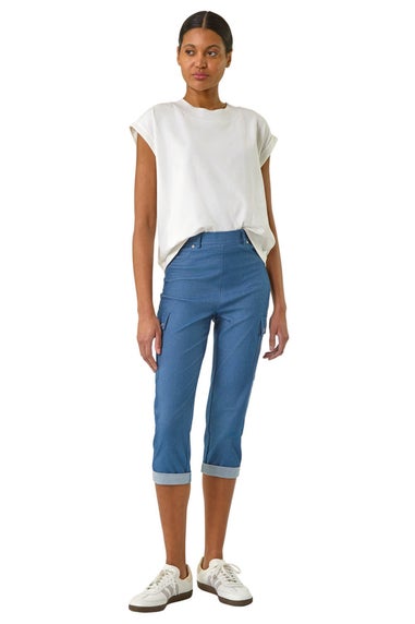 Roman Denim Turn Up Stretch Cropped Cargo Trousers