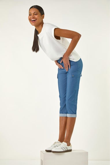 Roman Denim Turn Up Stretch Cropped Cargo Trousers