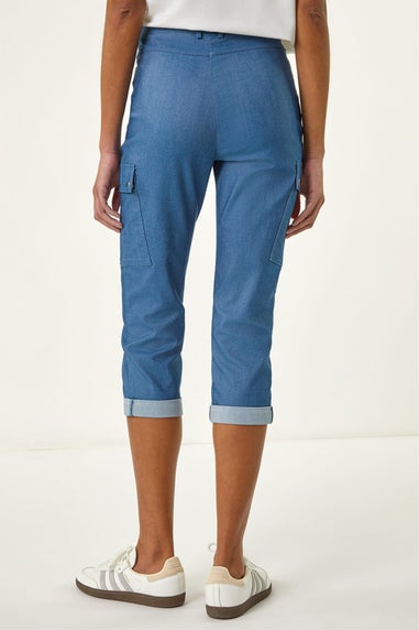 Roman Denim Turn Up Stretch Cropped Cargo Trousers