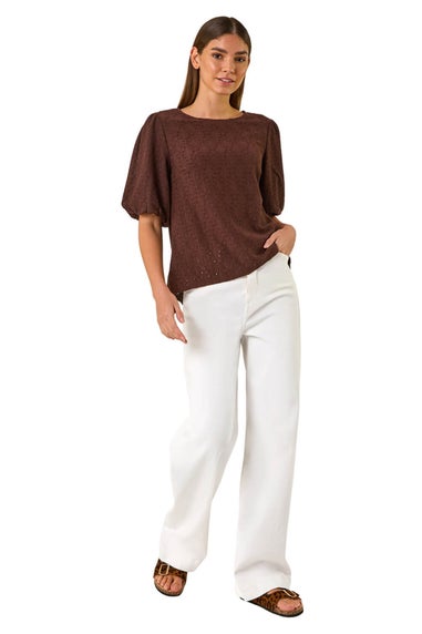 Roman Chocolate Broderie Puff Sleeve Top