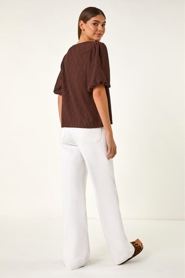 Roman Chocolate Broderie Puff Sleeve Top