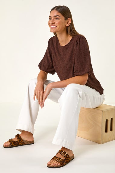 Roman Chocolate Broderie Puff Sleeve Top