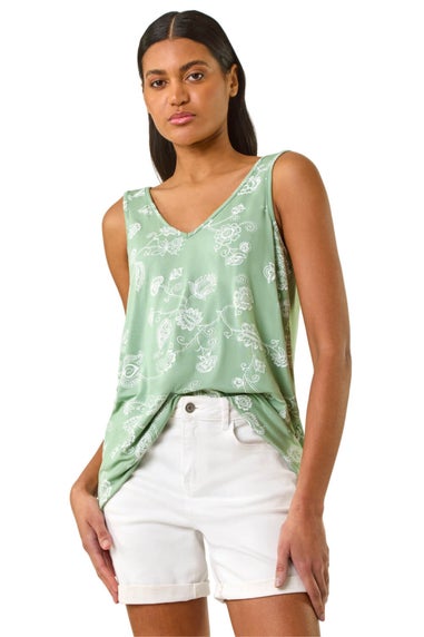 Roman Green Paisley Print Stretch Cami Top