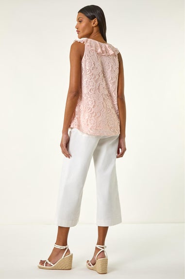 Roman Pink Lace V-Neck Ruffle Front Top