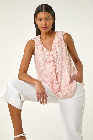 Roman Pink Lace V-Neck Ruffle Front Top