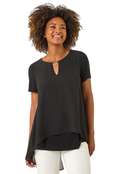 Roman Black Ring Front Chiffon Overlay Top