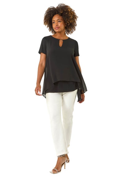 Roman Black Ring Front Chiffon Overlay Top