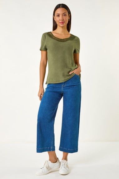 Roman Khaki Lace Neck Trim Stretch Top