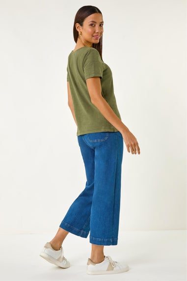 Roman Khaki Lace Neck Trim Stretch Top