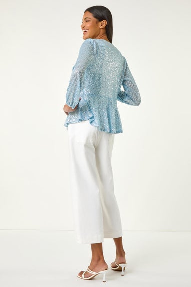 Roman Light Blue Sequin Tie Front Stretch Top