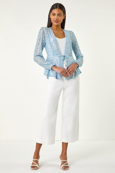 Roman Light Blue Sequin Tie Front Stretch Top
