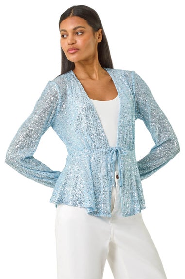 Roman Light Blue Sequin Tie Front Stretch Top