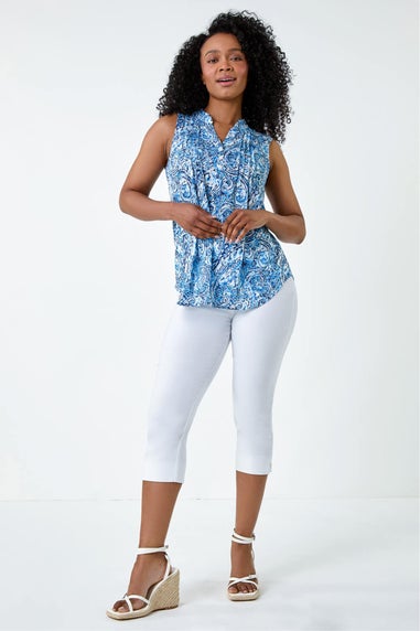 Roman Blue Petite Paisley Pleat Front Button Top