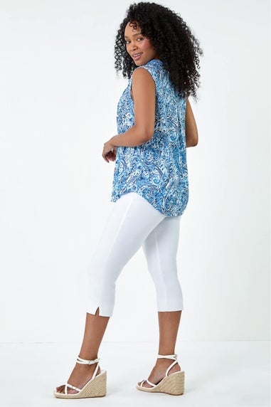 Roman Blue Petite Paisley Pleat Front Button Top