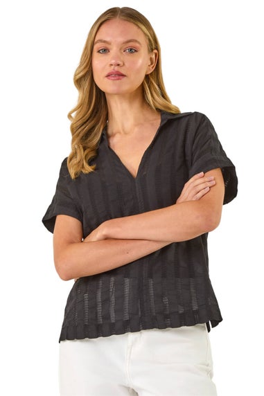 Roman Black Textured Collar V-Neck Top