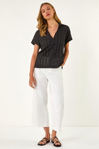 Roman Black Textured Collar V-Neck Top