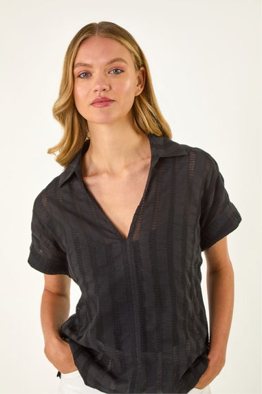 Roman Black Textured Collar V-Neck Top