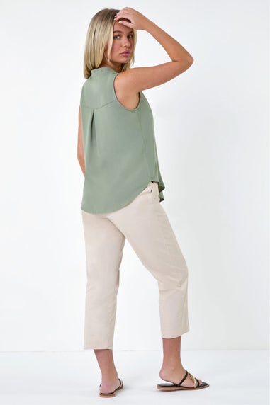 Roman Khaki Petite Sleeveless Pleat Detail Top