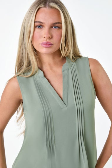 Roman Khaki Petite Sleeveless Pleat Detail Top