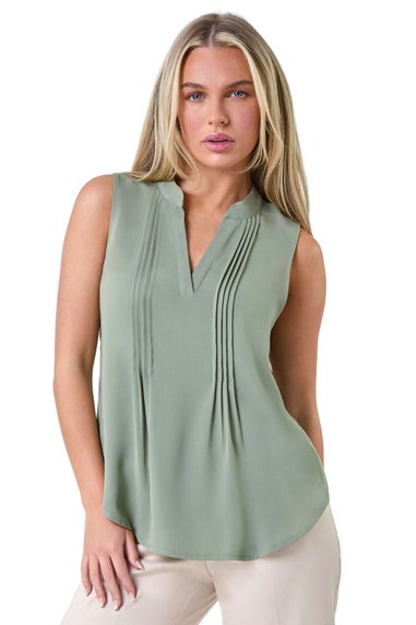 Roman Khaki Petite Sleeveless Pleat Detail Top