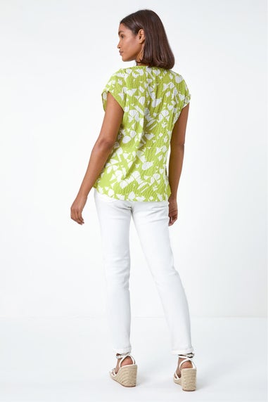 Roman Lime Geometric Crinkle Textured  V-Neck Top
