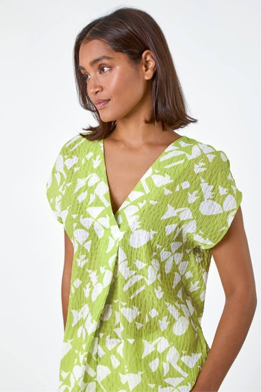 Roman Lime Geometric Crinkle Textured  V-Neck Top