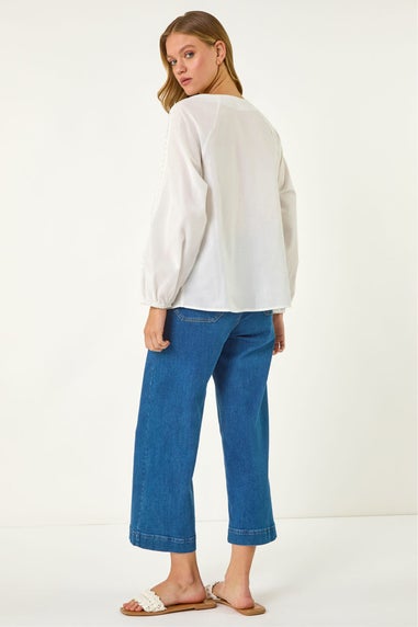 Roman Ivory Lace Trim Tie V-Neck Top