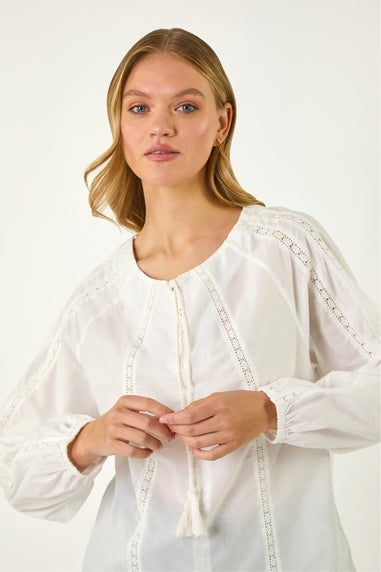 Roman Ivory Lace Trim Tie V-Neck Top