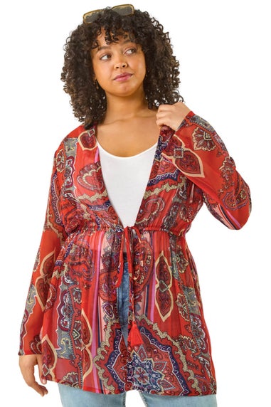 Roman Red Curve Paisley Tie Front Kimono