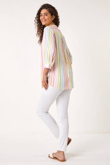 Roman Pink Stripe Print Pleat Detail Tunic Top