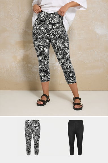Yours 2 Pack Curve Black Butterfly Print Cropped Leggings