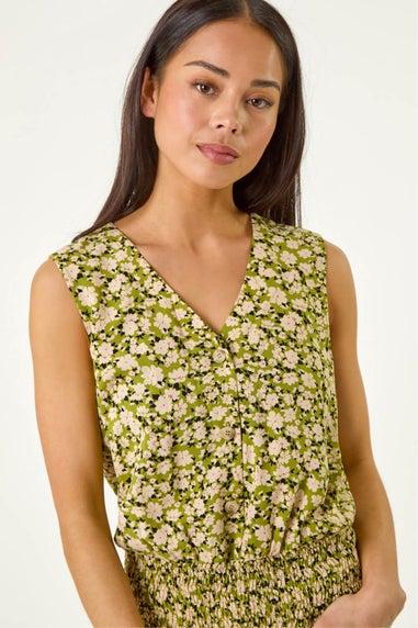 Roman Khaki Petite Ditsy Print Shirred Blouson Top