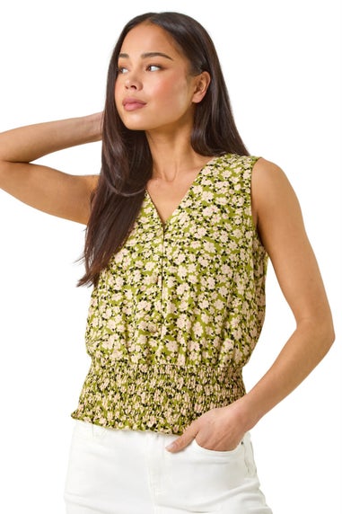 Roman Khaki Petite Ditsy Print Shirred Blouson Top