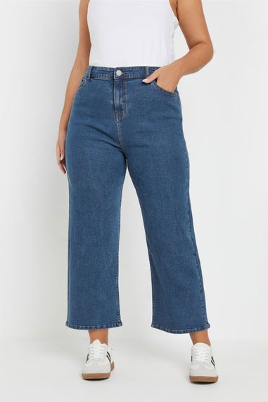 Yours Curve Mid Blue Wide Leg Cropped Denim Jeans