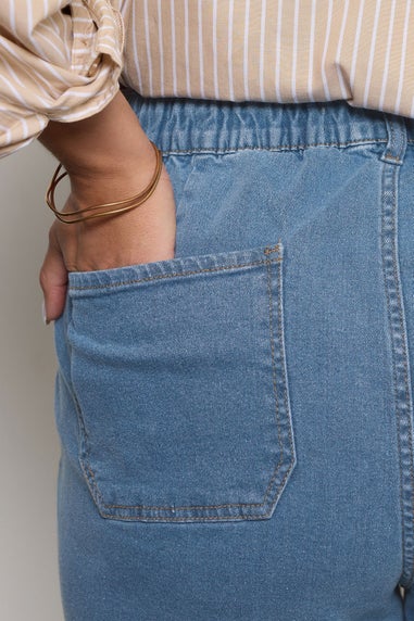 Yours Curve Mid Blue Stretch Denim Barrel Jeans