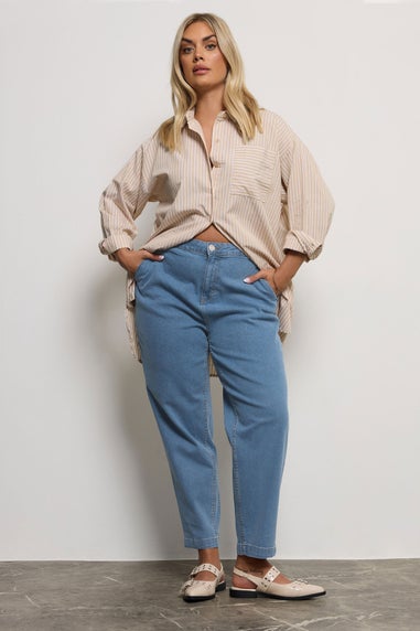 Yours Curve Mid Blue Stretch Denim Barrel Jeans