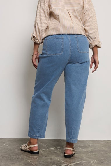 Yours Curve Mid Blue Stretch Denim Barrel Jeans