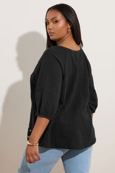 Yours Curve Black Embroidered Tie Front Blouse