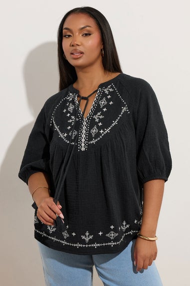 Yours Curve Black Embroidered Tie Front Blouse