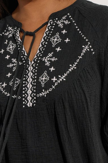 Yours Curve Black Embroidered Tie Front Blouse