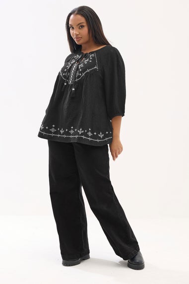 Yours Curve Black Embroidered Tie Front Blouse
